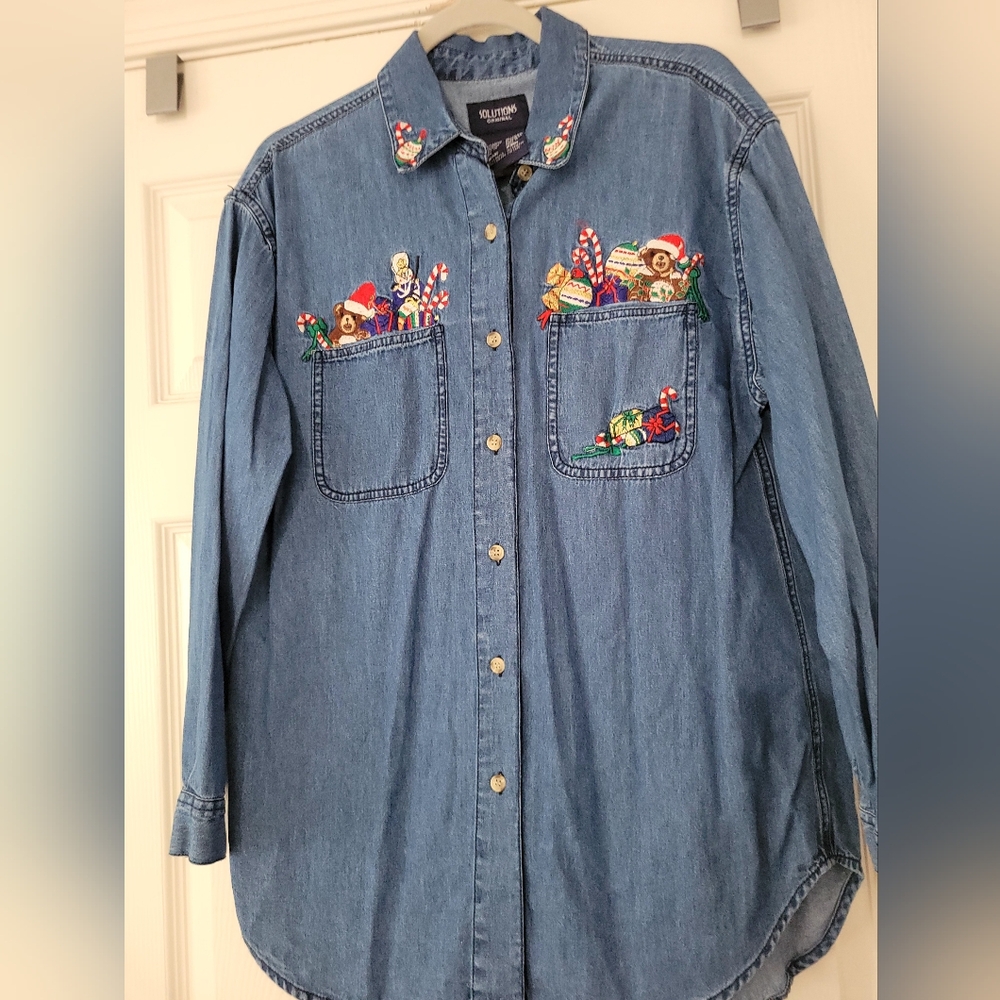 Solutions Original Denim Christmas Shirt Button Closure 2 Pocket Woman Size M
